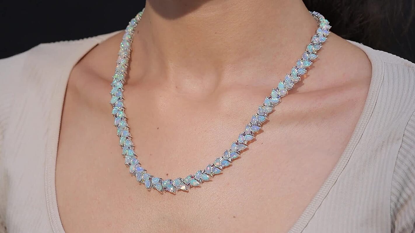 D'Joy Premium Ethiopian Welo Opal and Kagem Zambian Emeral 36.35 ctw Necklace in Rhodium Over Sterling Silver 18 Inches