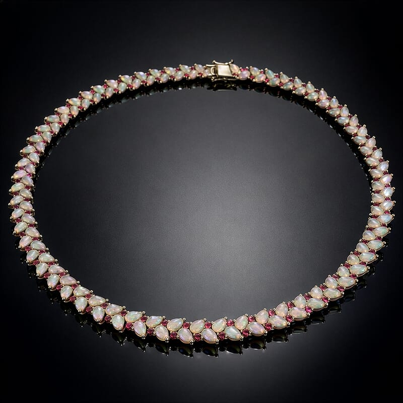D'Joy Premium Ethiopian Welo Opal and Multi Sapphire 46.15 ctw Vine Leaf Necklace in Rhodium Over Sterling Silver 18 Inches