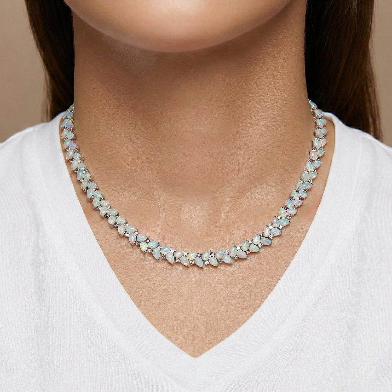 D'Joy Premium Ethiopian Welo Opal and Multi Sapphire 46.15 ctw Vine Leaf Necklace in Rhodium Over Sterling Silver 18 Inches