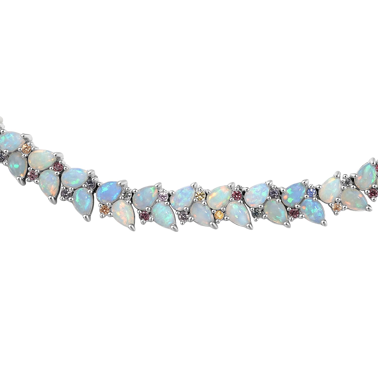 D'Joy Premium Ethiopian Welo Opal and Multi Sapphire 46.15 ctw Vine Leaf Necklace in Rhodium Over Sterling Silver 18 Inches