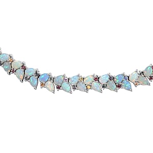 D'Joy Premium Ethiopian Welo Opal and Multi Sapphire 46.15 ctw Vine Leaf Necklace in Rhodium Over Sterling Silver 18 Inches 