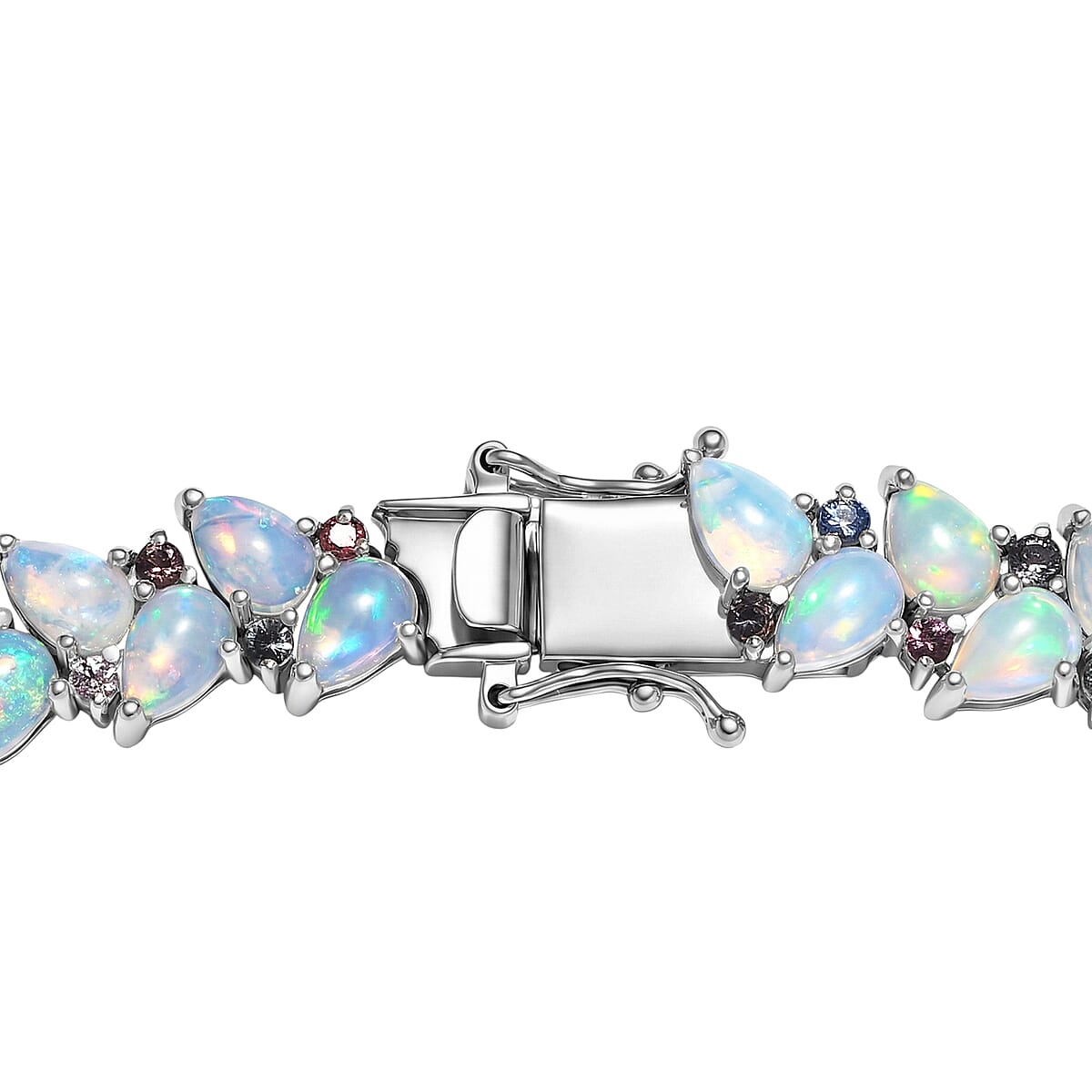 D'Joy Premium Ethiopian Welo Opal and Multi Sapphire 46.15 ctw Vine Leaf Necklace in Rhodium Over Sterling Silver 18 Inches  image number 4