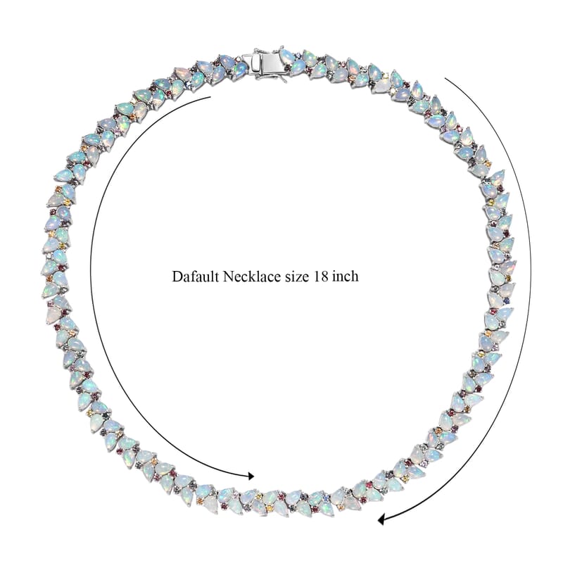 D'Joy Premium Ethiopian Welo Opal and Multi Sapphire 46.15 ctw Vine Leaf Necklace in Rhodium Over Sterling Silver 18 Inches