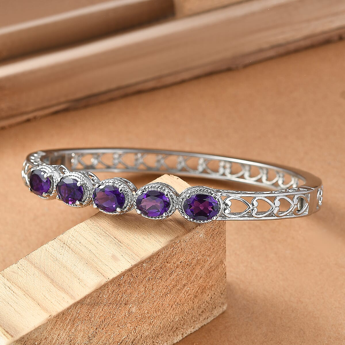 EverTrue African Amethyst Bangle Bracelet in Stainless Steel (7.25 In) 5.65 ctw image number 1