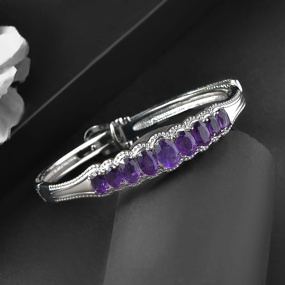 EverTrue African Amethyst 5.85 ctw Bangle Bracelet in Stainless Steel (7.25 In) image number 1
