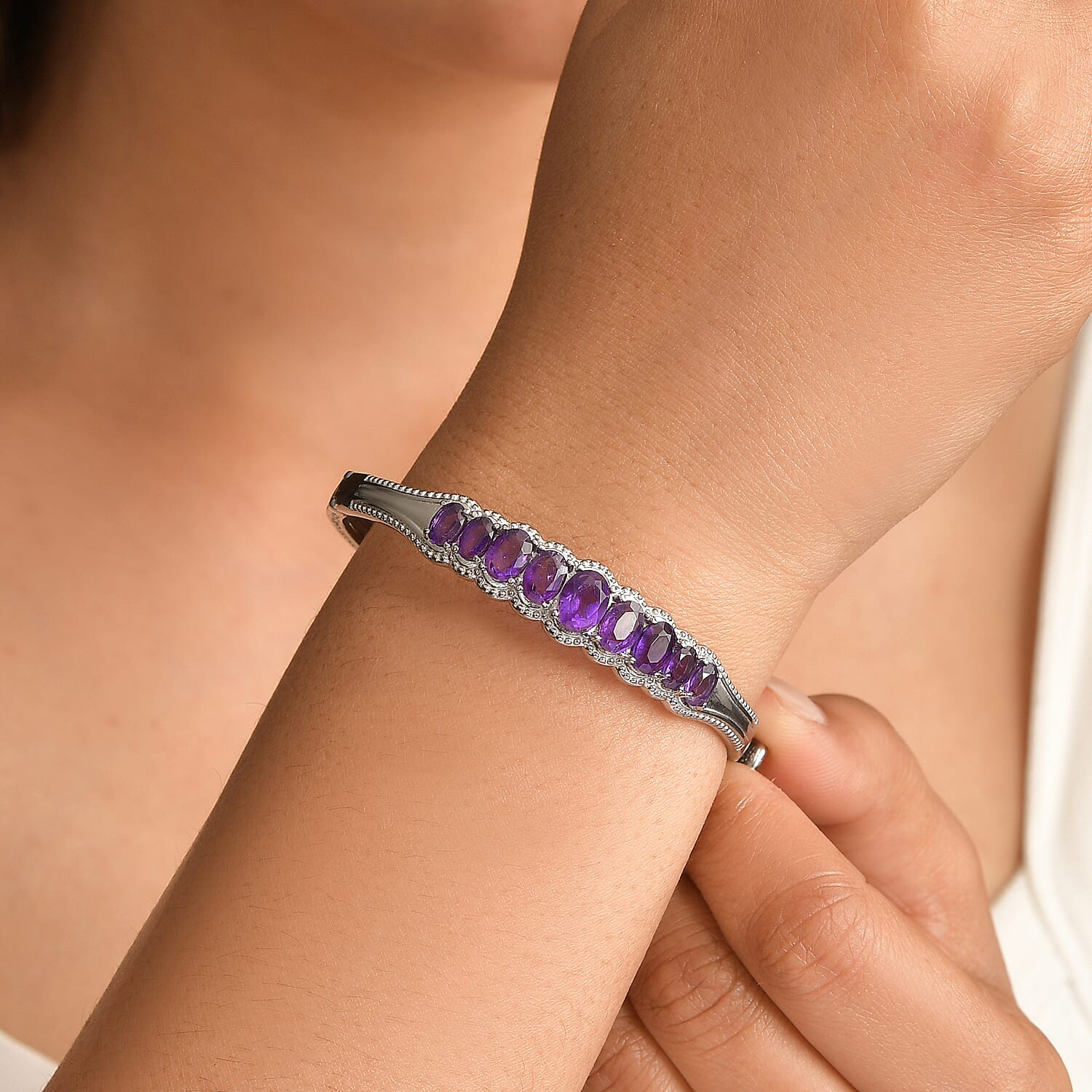 EverTrue African Amethyst 5.85 ctw Bangle Bracelet in Stainless Steel (7.25 In)