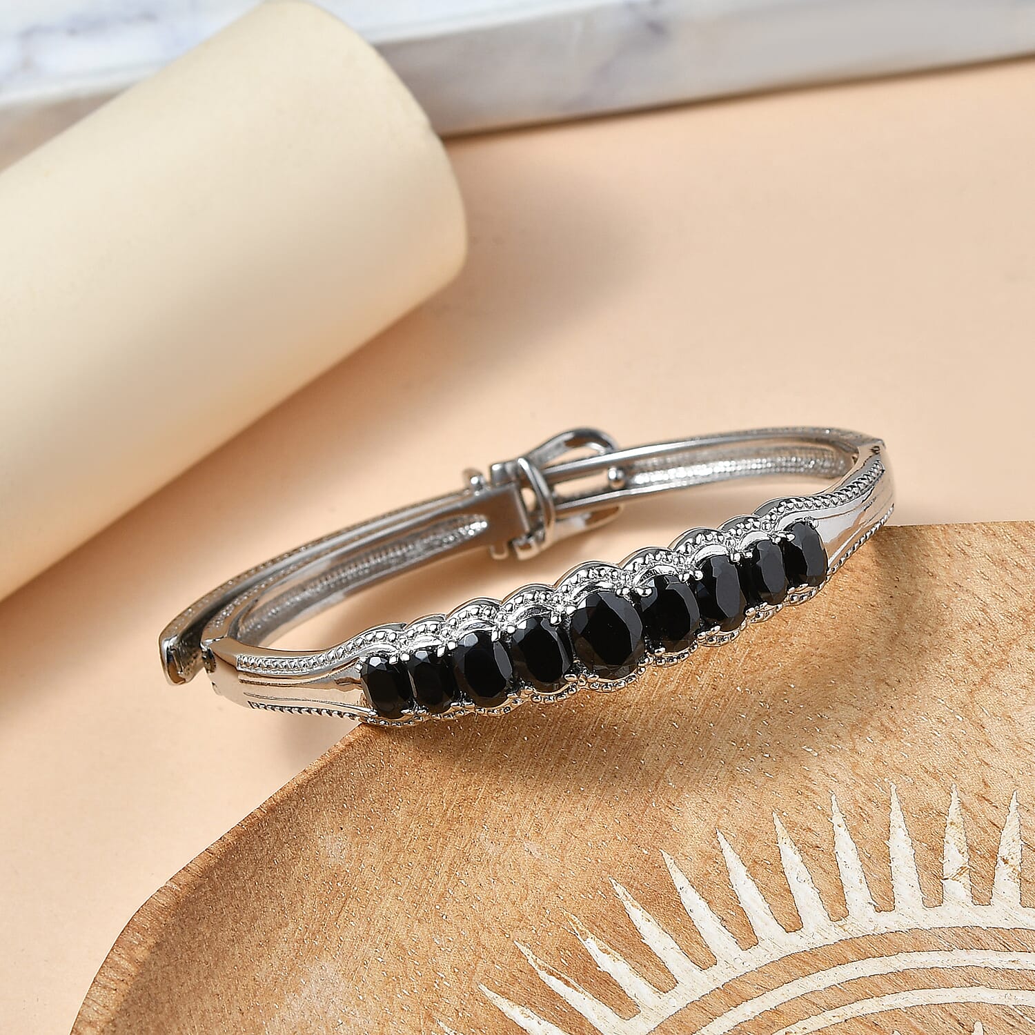 EverTrue Thai Black Spinel 8.25 ctw Bangle Bracelet in Stainless Steel (7.25 In)