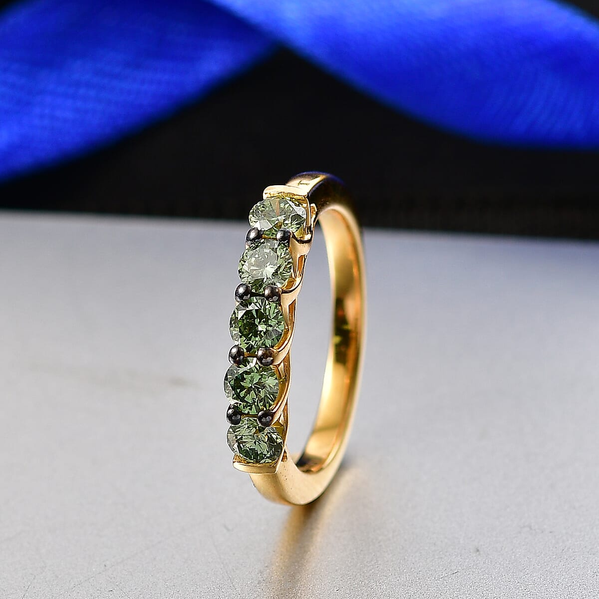 Luxuriant Lab Grown Green Diamond (IR) (SI) 1.00 ctw Forever Green Five-Stone Ring in 18K Vermeil Yellow Gold Over Sterling Silver (Size 6.0) image number 1