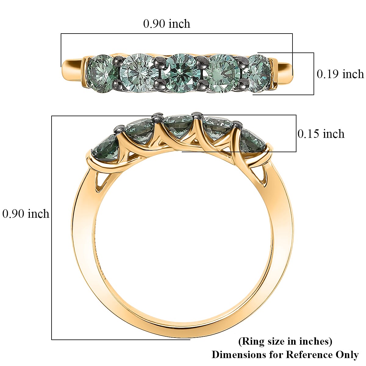 Luxuriant Lab Grown Green Diamond (IR) (SI) 1.00 ctw Forever Green Five-Stone Ring in 18K Vermeil Yellow Gold Over Sterling Silver (Size 9.0) image number 5