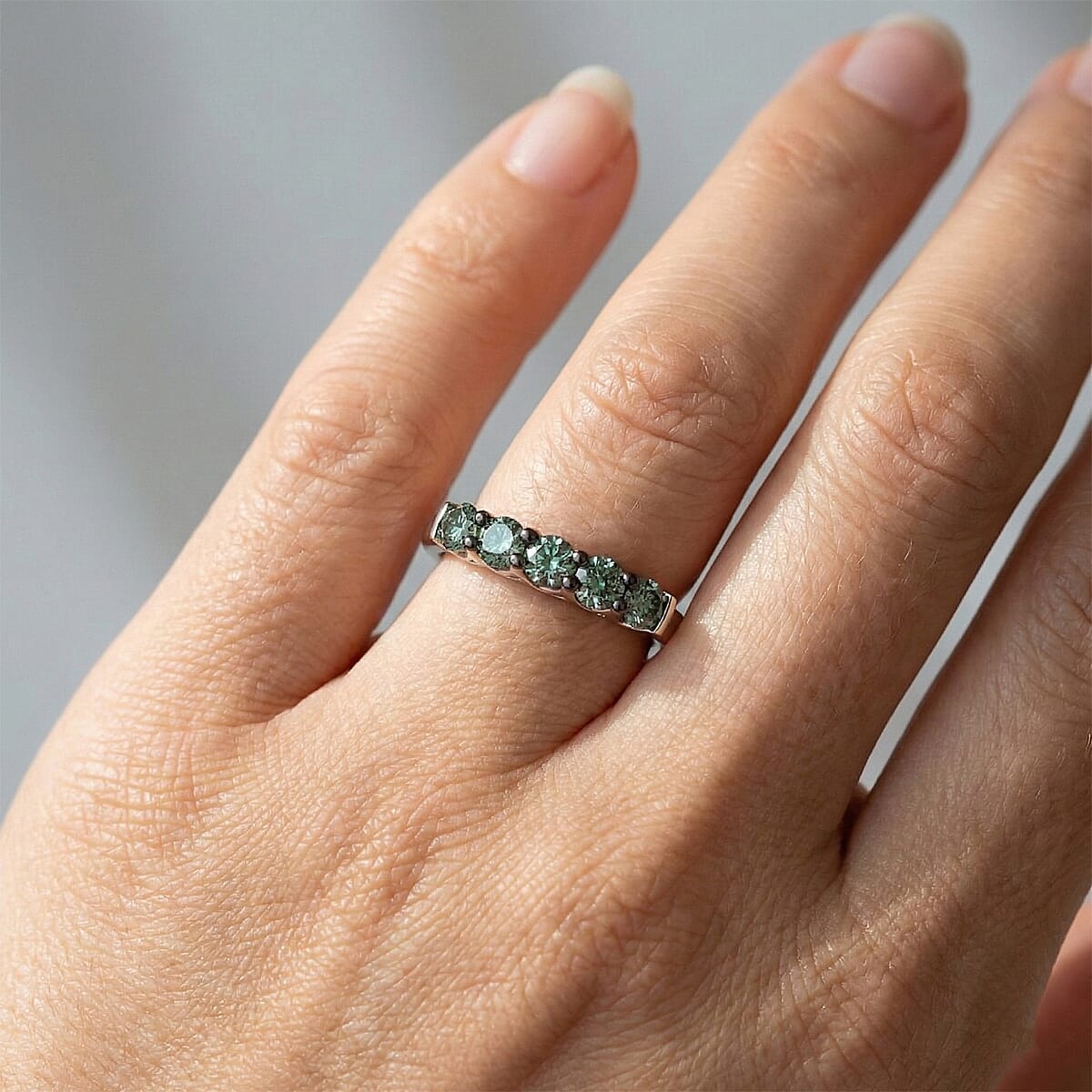 Luxuriant Lab Grown Green Diamond (IR) (SI) 1.00 ctw Forever Green Five-Stone Ring in Rhodium Over Sterling Silver (Size 7.0) image number 2