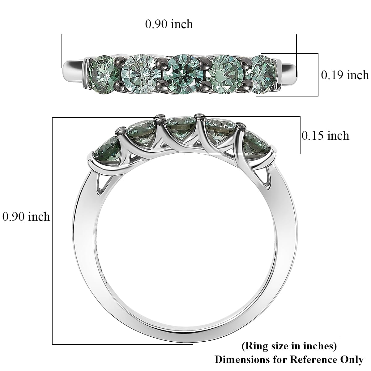 Luxuriant Lab Grown Green Diamond (IR) (SI) 1.00 ctw Forever Green Five-Stone Ring in Rhodium Over Sterling Silver (Size 7.0) image number 5