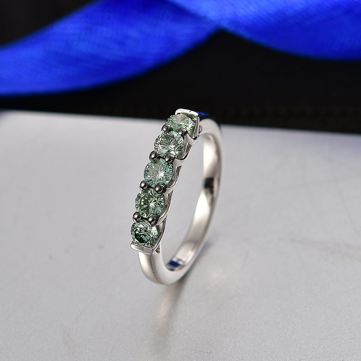 Luxuriant Lab Grown Green Diamond (IR) (SI) 1.00 ctw Forever Green Five-Stone Ring in Rhodium Over Sterling Silver (Size 9.0) image number 1
