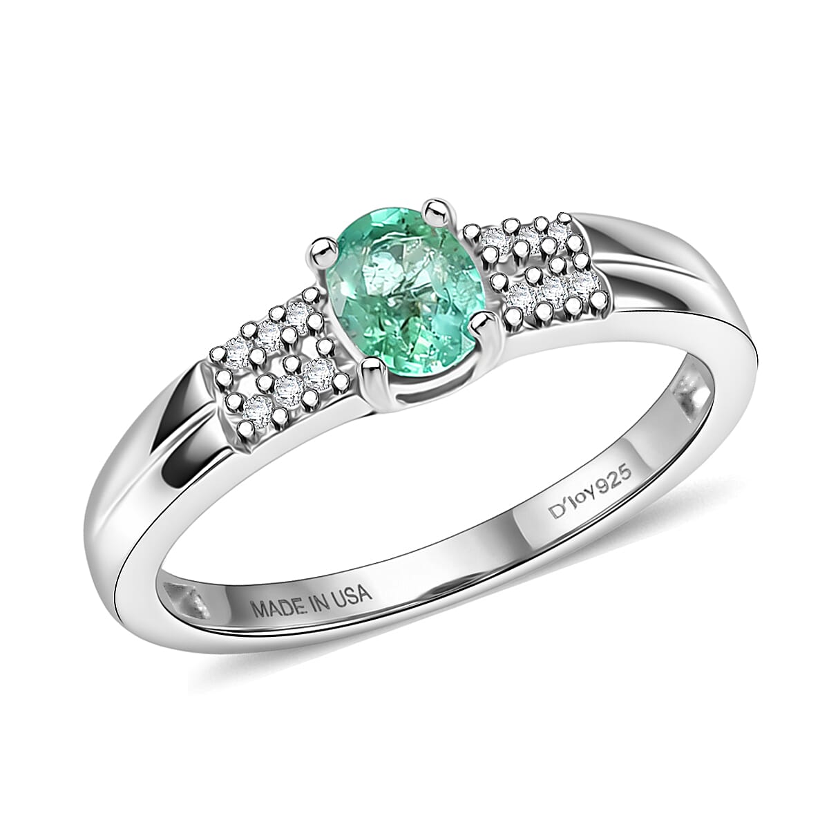 D'Joy Premium Kagem Zambian Emerald and White Zircon 0.40 ctw Classic Double Band Ring in Rhodium Over Sterling Silver (Size 5.0)