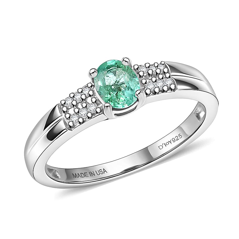 D'Joy Premium Kagem Zambian Emerald and White Zircon 0.40 ctw Classic Double Band Ring in Rhodium Over Sterling Silver (Size 5.0)