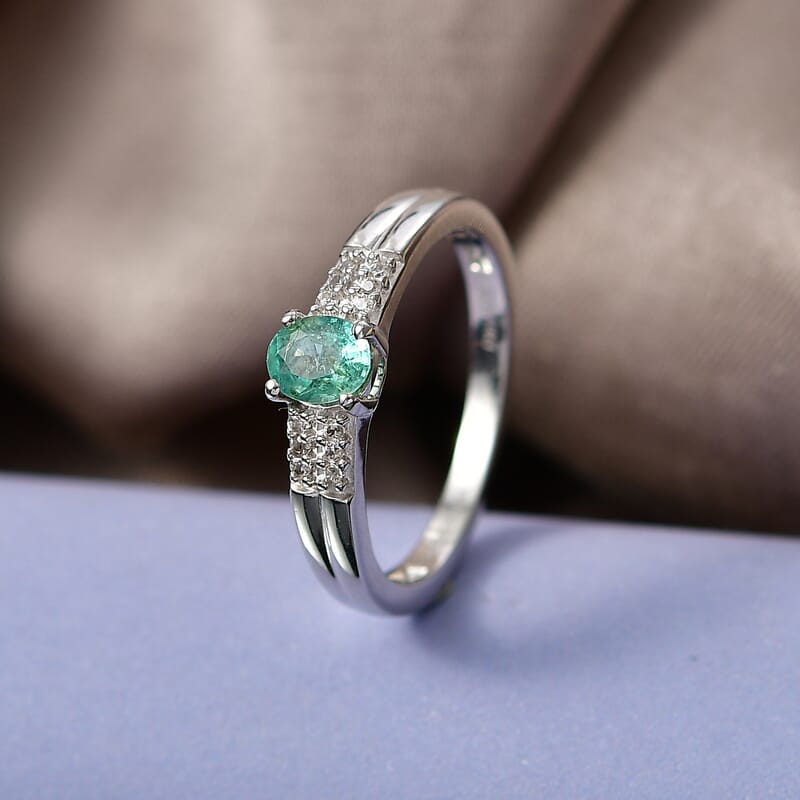 D'Joy Premium Kagem Zambian Emerald and White Zircon 0.40 ctw Classic Double Band Ring in Rhodium Over Sterling Silver (Size 6.0)