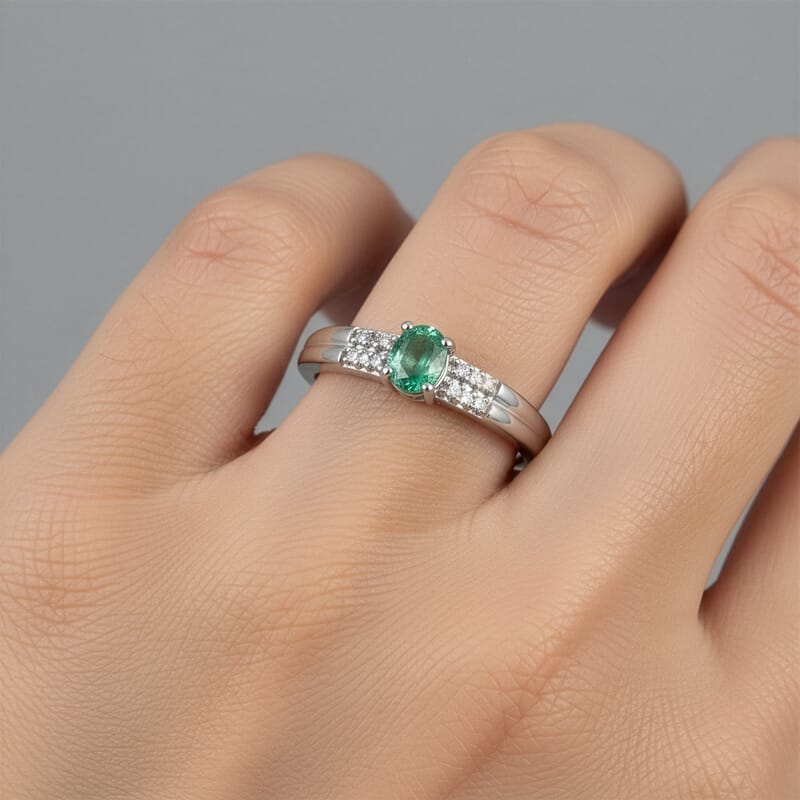 D'Joy Premium Kagem Zambian Emerald and White Zircon 0.40 ctw Classic Double Band Ring in Rhodium Over Sterling Silver (Size 6.0)