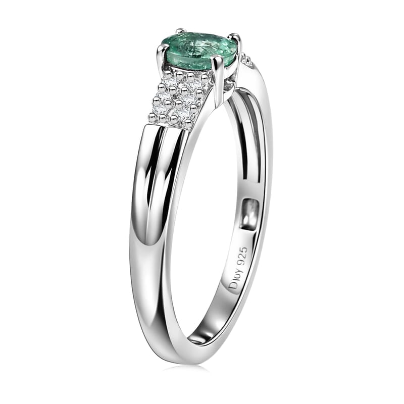 D'Joy Premium Kagem Zambian Emerald and White Zircon 0.40 ctw Classic Double Band Ring in Rhodium Over Sterling Silver (Size 6.0)