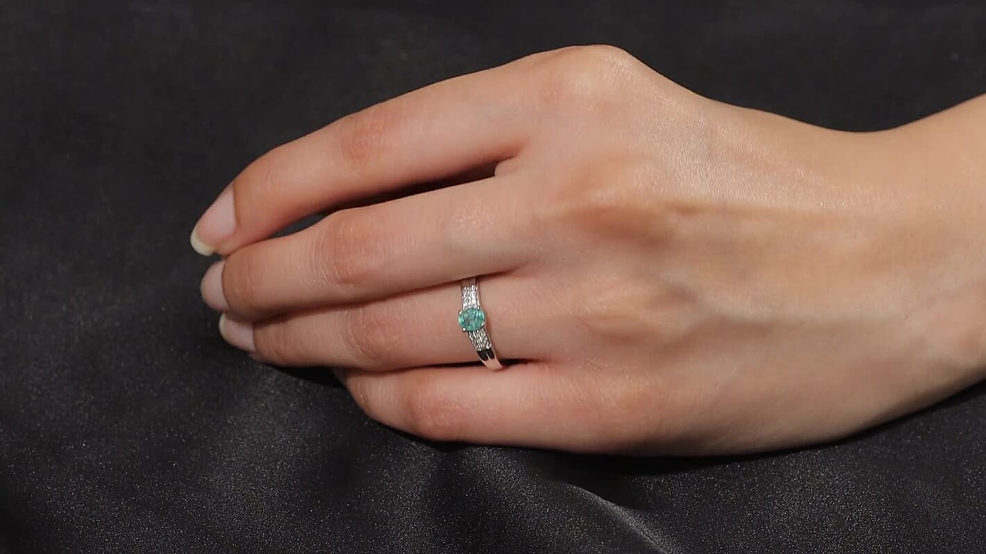 D'Joy Premium Kagem Zambian Emerald, White Zircon Ring in Rhodium Over Sterling Silver (Size 10.0) 0.40 ctw