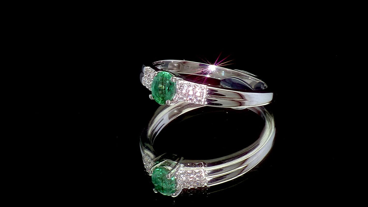 D'Joy Premium Kagem Zambian Emerald, White Zircon Ring in Rhodium Over Sterling Silver (Size 10.0) 0.40 ctw