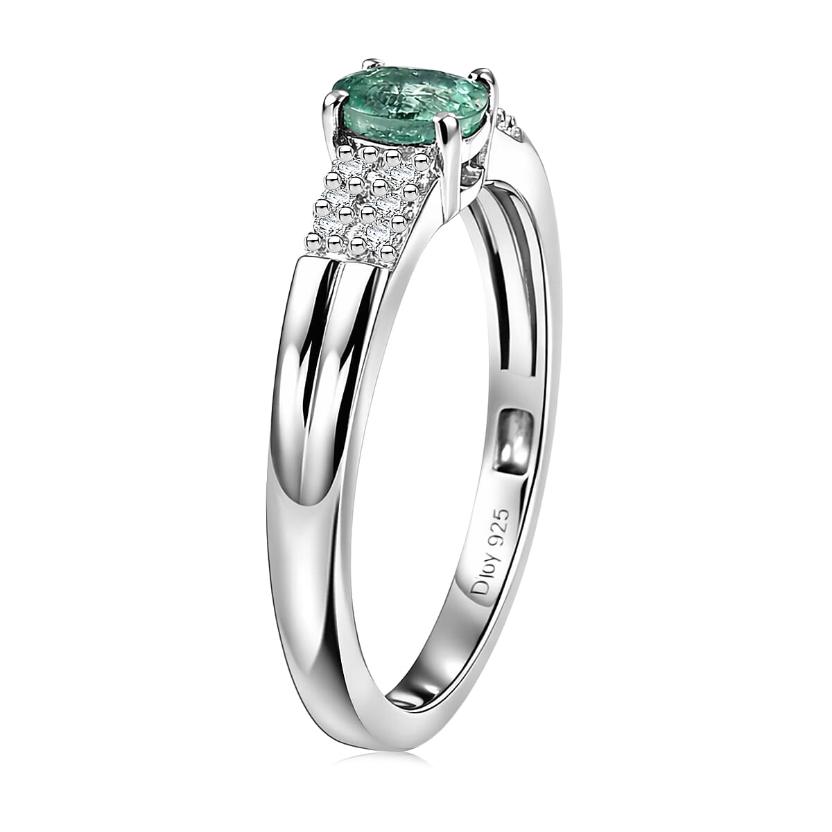 D'Joy Premium Kagem Zambian Emerald and White Zircon 0.40 ctw Classic Double Band Ring in Rhodium Over Sterling Silver (Size 9.0) image number 3