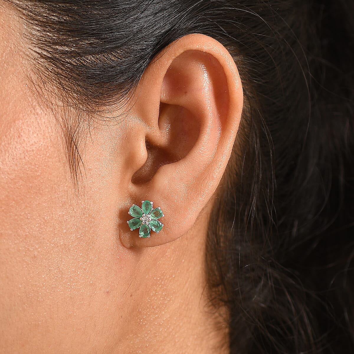 D'Joy Premium Kagem Zambian Emerald and Lab Grown Diamond I1 1.70 ctw Floral Sparkle Earrings in Rhodium Over Sterling Silver image number 2