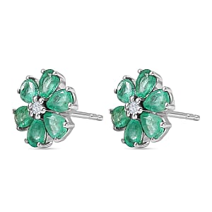 D'Joy Premium Kagem Zambian Emerald and Lab Grown Diamond I1 1.70 ctw Floral Sparkle Earrings in Rhodium Over Sterling Silver