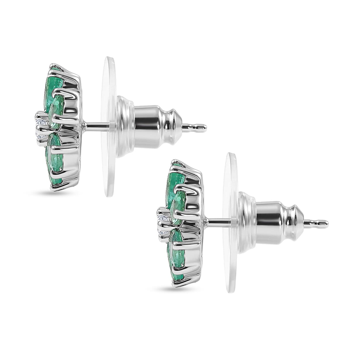 D'Joy Premium Kagem Zambian Emerald and Lab Grown Diamond I1 1.70 ctw Floral Sparkle Earrings in Rhodium Over Sterling Silver image number 4
