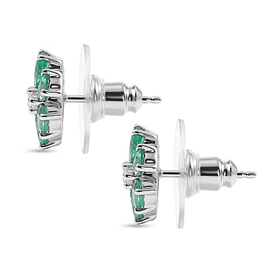 D'Joy Premium Kagem Zambian Emerald and Lab Grown Diamond I1 1.70 ctw Floral Sparkle Earrings in Rhodium Over Sterling Silver