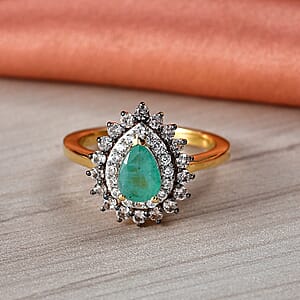 D'Joy Premium Kagem Zambian Emerald and Multi Gemstone 1.50 ctw Dewdrop Ring in 18K Vermeil Yellow Gold Over Sterling Silver (Size 10.0)