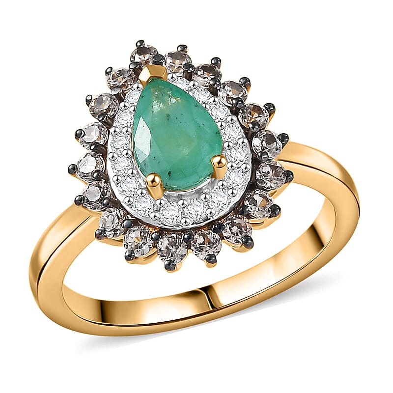 D'Joy Premium Kagem Zambian Emerald and Multi Gemstone 1.50 ctw Dewdrop Ring in 18K Vermeil Yellow Gold Over Sterling Silver (Size 5.0)