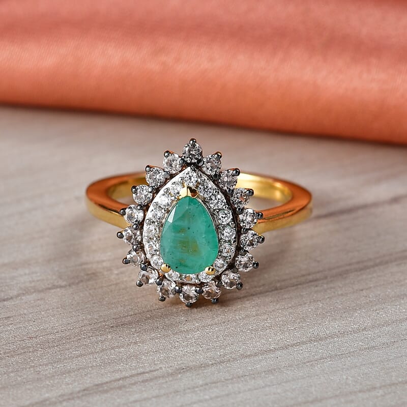 Doorbuster D'Joy Premium Kagem Zambian Emerald and Multi Gemstone 1.50 ctw Dewdrop Ring in 18K Vermeil Yellow Gold Over Sterling Silver (Size 5.0)