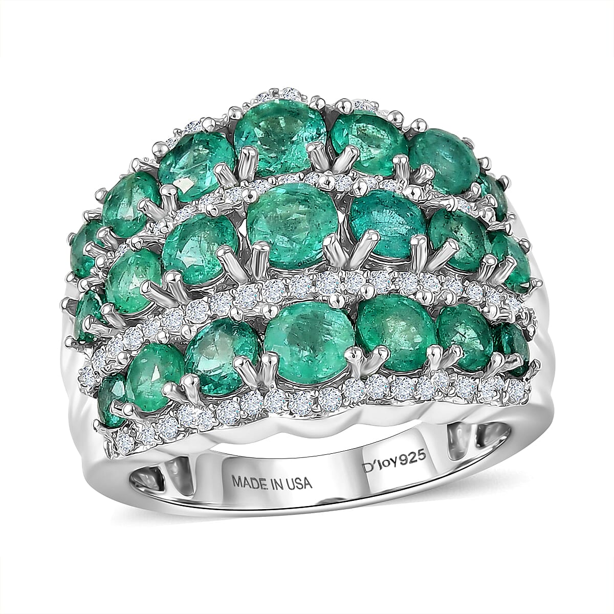 D'Joy Premium Kagem Zambian Emerald, Moissanite Ring in Rhodium Over Sterling Silver (Size 6.0) 3.30 ctw