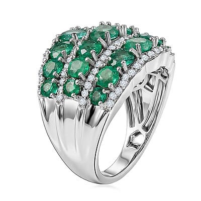 D'Joy Premium Kagem Zambian Emerald and Moissanite 3.30 ctw Waves Ring in Rhodium Over Sterling Silver (Size 6.0)