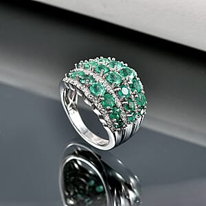 D'Joy Premium Kagem Zambian Emerald and Moissanite 3.30 ctw Waves Ring in Rhodium Over Sterling Silver (Size 7.0)