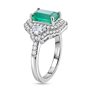 D'Joy Premium Kagem Zambian Emerald and Moissanite 2.40 ctw Architectural Trinity Ring in Rhodium Over Sterling Silver (Size 10.0)