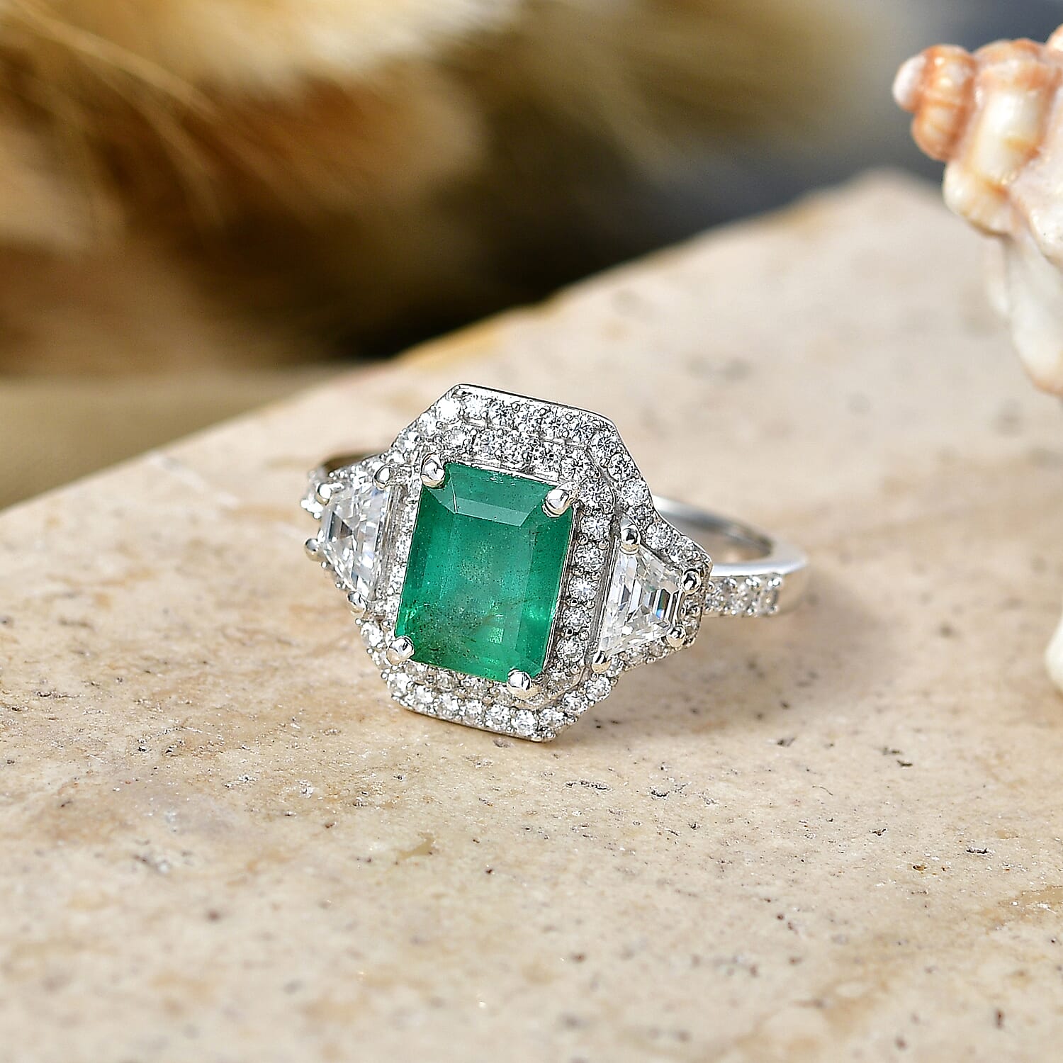 D'Joy Premium Kagem Zambian Emerald and Moissanite 2.40 ctw Architectural Trinity Ring in Rhodium Over Sterling Silver (Size 6.0)
