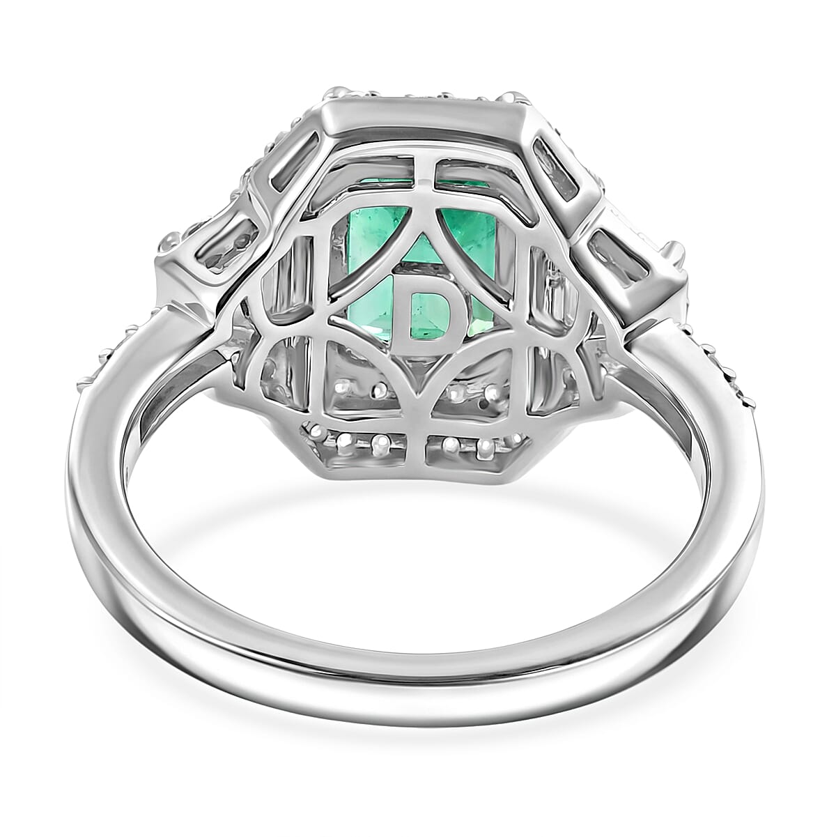 D'Joy Premium Kagem Zambian Emerald and Moissanite 2.40 ctw Architectural Trinity Ring in Rhodium Over Sterling Silver (Size 6.0)