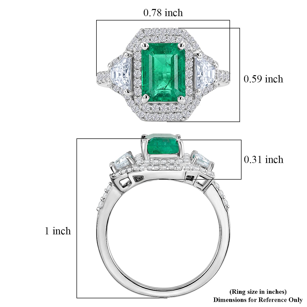 D'Joy Premium Kagem Zambian Emerald and Moissanite 2.40 ctw Architectural Trinity Ring in Rhodium Over Sterling Silver (Size 6.0)