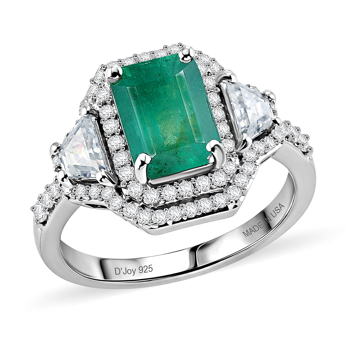 D'Joy Premium Kagem Zambian Emerald, Moissanite Ring in Rhodium Over Sterling Silver (Size 10.0) 2.40 ctw