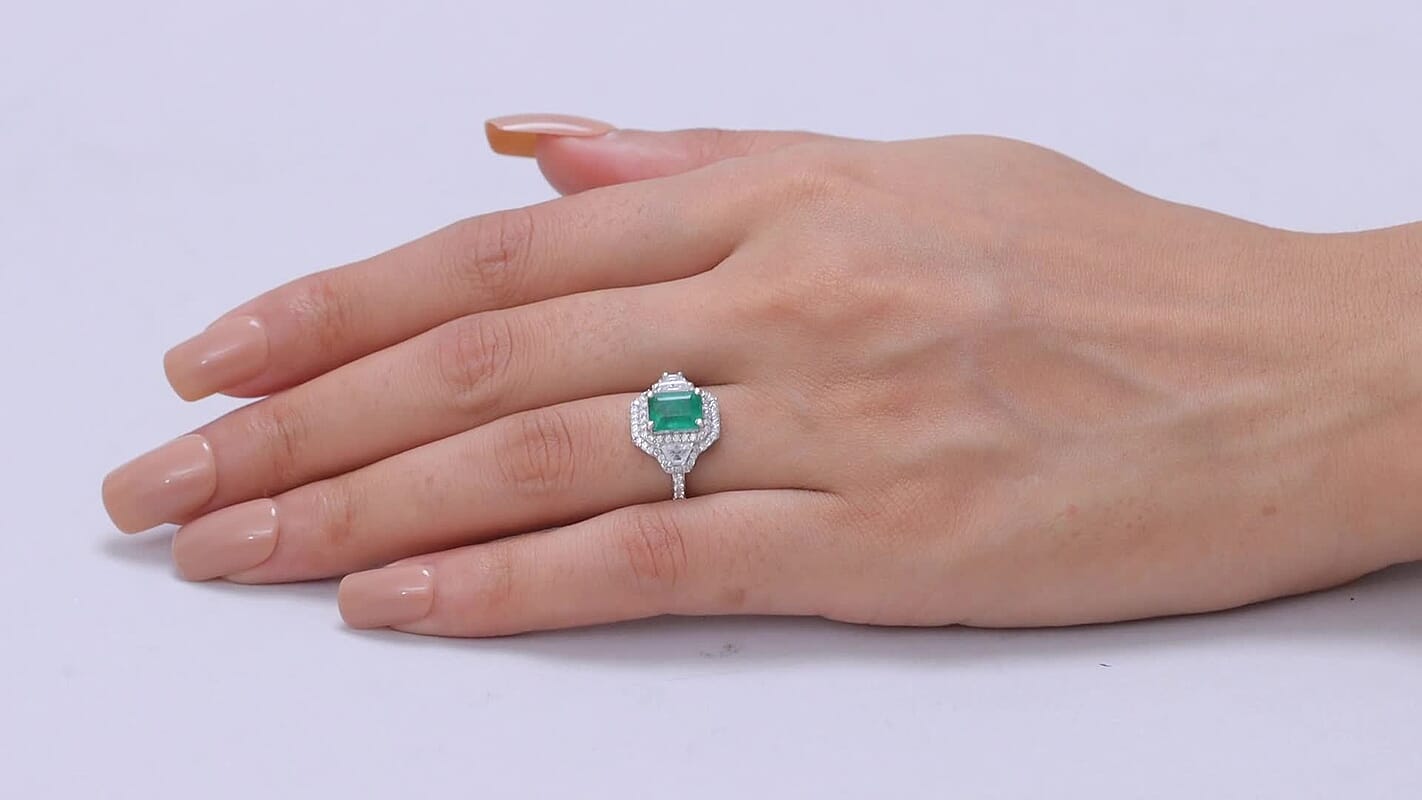D'Joy Premium Kagem Zambian Emerald, Moissanite Ring in Rhodium Over Sterling Silver (Size 10.0) 2.40 ctw