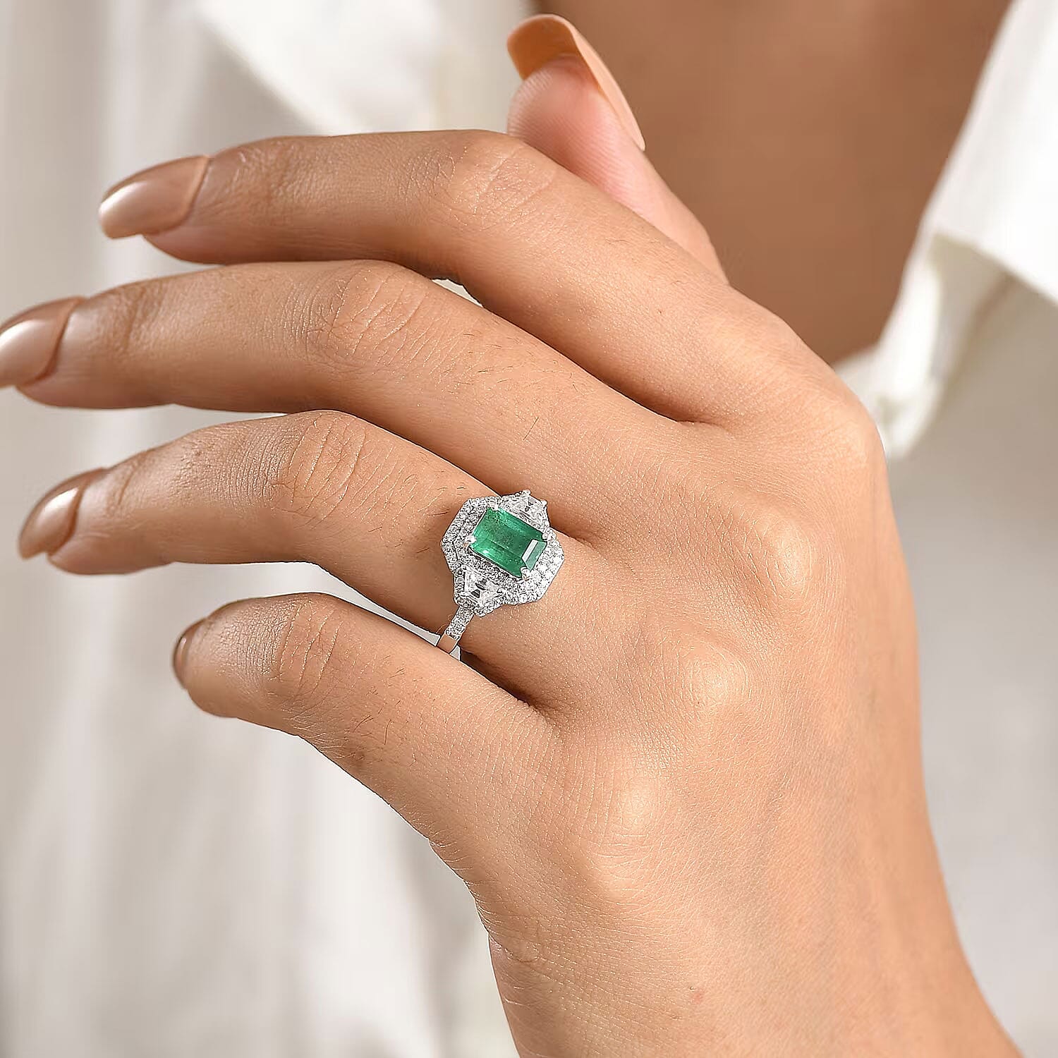 D'Joy Premium Kagem Zambian Emerald, Moissanite Ring in Rhodium Over Sterling Silver (Size 10.0) 2.40 ctw