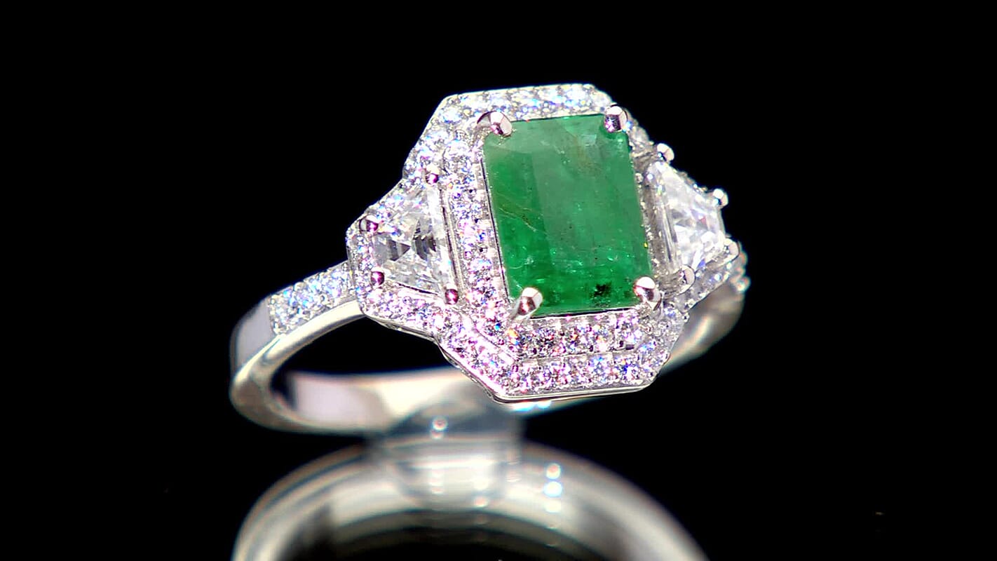 D'Joy Premium Kagem Zambian Emerald, Moissanite Ring in Rhodium Over Sterling Silver (Size 10.0) 2.40 ctw