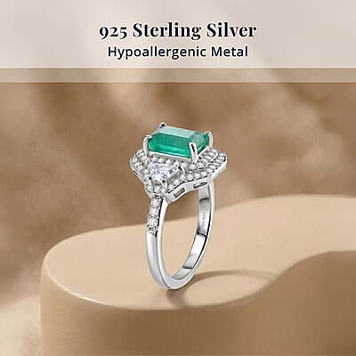 D'Joy Premium Kagem Zambian Emerald and Moissanite 2.40 ctw Architectural Trinity Ring in Rhodium Over Sterling Silver (Size 7.0)