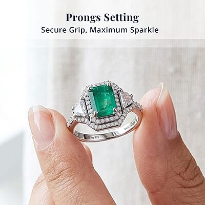 D'Joy Premium Kagem Zambian Emerald and Moissanite 2.40 ctw Architectural Trinity Ring in Rhodium Over Sterling Silver (Size 7.0)
