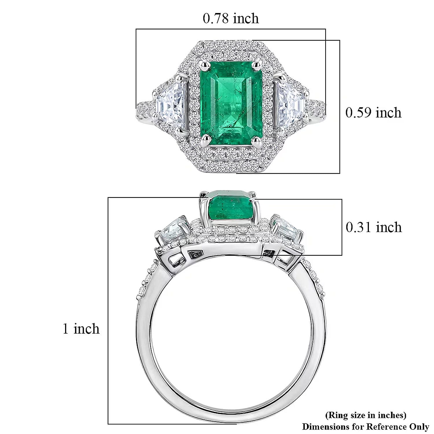 D'Joy Premium Kagem Zambian Emerald and Moissanite 2.40 ctw Architectural Trinity Ring in Rhodium Over Sterling Silver (Size 7.0)