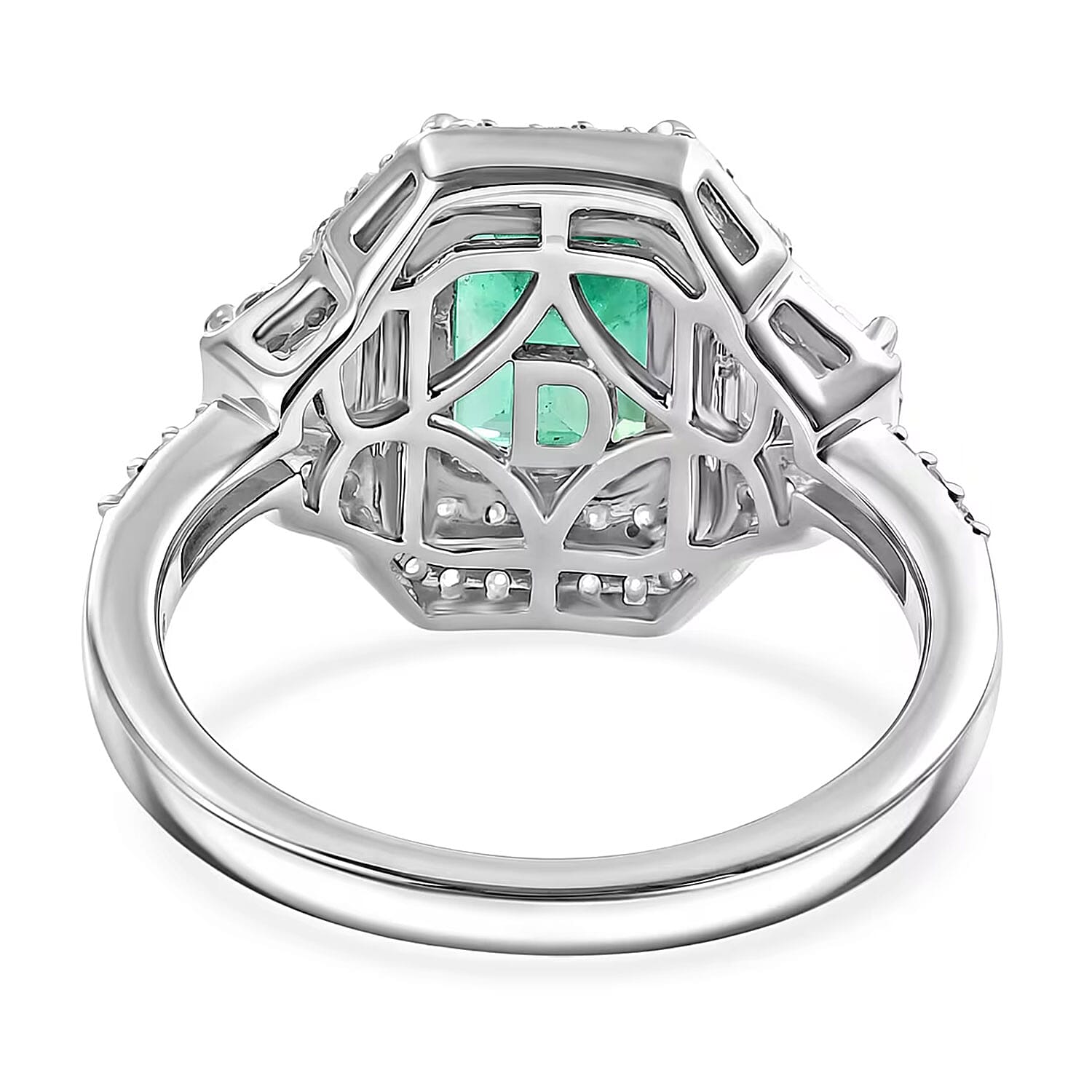 D'Joy Premium Kagem Zambian Emerald and Moissanite 2.40 ctw Architectural Trinity Ring in Rhodium Over Sterling Silver (Size 7.0)