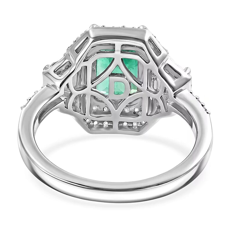 D'Joy Premium Kagem Zambian Emerald and Moissanite 2.40 ctw Architectural Trinity Ring in Rhodium Over Sterling Silver (Size 7.0)
