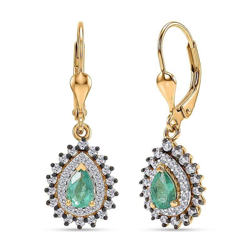 D'Joy Premium Kagem Zambian Emerald, White and Champagne Zircon 1.75 ctw Dewdrop Earrings in 18K Vermeil Yellow Gold Over Sterling Silver