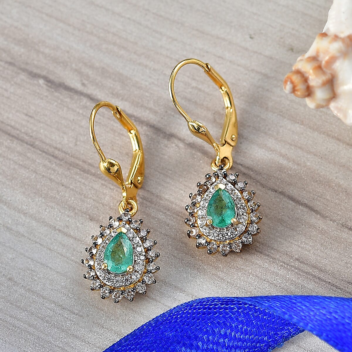 D'Joy Premium Kagem Zambian Emerald, White and Champagne Zircon 1.75 ctw Dewdrop Earrings in 18K Vermeil Yellow Gold Over Sterling Silver image number 1