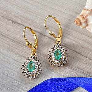 D'Joy Premium Kagem Zambian Emerald, White and Champagne Zircon 1.75 ctw Dewdrop Earrings in 18K Vermeil Yellow Gold Over Sterling Silver